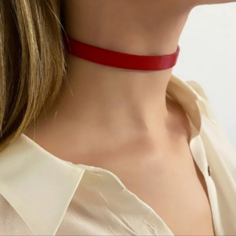 Red Necklace Adjustable Silver Chain Sexy Red Genuine Leather Choker Designer